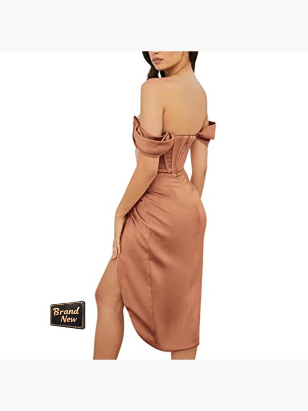 Off Shoulder Split Corset Satin Dress Strapless Backless High Slit Bodycon - Picture 2 of 6